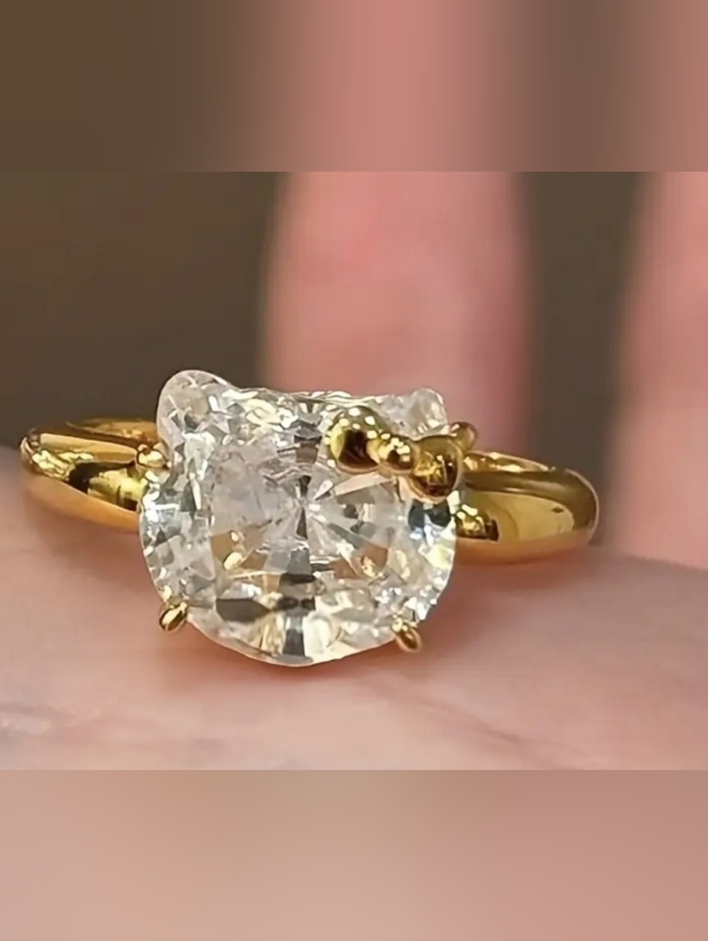 Large Clear Heart-Cut Stone and Bow Accent Hello Kitty Ring